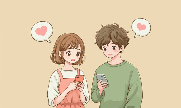 Um jovem casal moderno compartilha momentos de afeto e comunica&ccedil;&atilde;o atrav&eacute;s de seus smartphones, simbolizando o amor digital e a conex&atilde;o online.