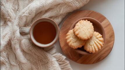 Overhead flat lay of homemade sugar cookies and a warm cup of tea on a wooden platter, creating a cozy snack scene.