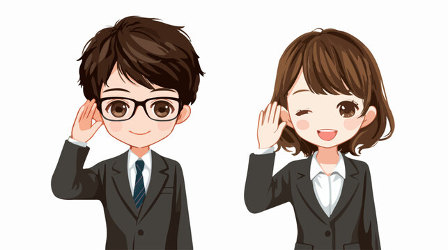 Dois profissionais de negócios, um homem e uma mulher, escutam atentamente com as mãos nas orelhas, simbolizando comunicação e atenção.