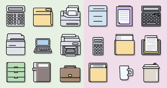 Uma cole&ccedil;&atilde;o de &iacute;cones vetoriais de escrit&oacute;rio e neg&oacute;cios, representando ferramentas essenciais para o ambiente de trabalho moderno e produtivo.