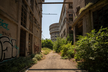 Abandoned distillery tower in Italy – circular industrial building with glass dome, steel beams, panoramic windows, decaying factory interior, urban exploration, post-industrial architecture