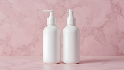 Elegant white cosmetic bottles for lotion and spray on blush pink marble background, perfect for showcasing beauty or healthcare branding with style