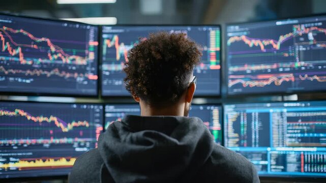 A person sits in front of several monitors displaying complex financial graphs and trading data, immersed in market activity. The atmosphere reflects high stakes investment decisions