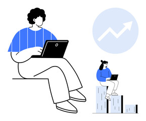 Person sitting with laptop and another climbing blocks with a computer. Growth arrow represents progress. Ideal for business growth, skills development, career advancement, analysis, technology
