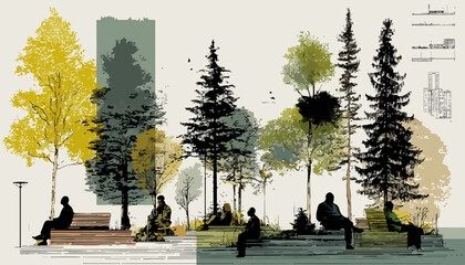 Uma ilustração serena de pessoas desfrutando de um parque urbano com árvores coloridas e bancos, promovendo tranquilidade e bem-estar.
