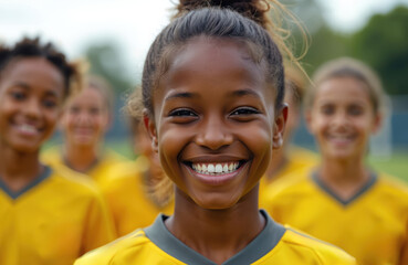 Smiling young soccer team members in yellow uniforms on field. Girls feel joy, happiness, celebrate unity, friendship, play sport together. Teamwork in active lifestyle.