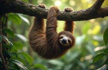 Fototapeta premium Brown sloth hanging on tree branch in forest. Sloth long fur, big eyes. Animal relaxing in natural habitat. Sloth looking at camera with calm expression. Forest background with green leaves, trees.