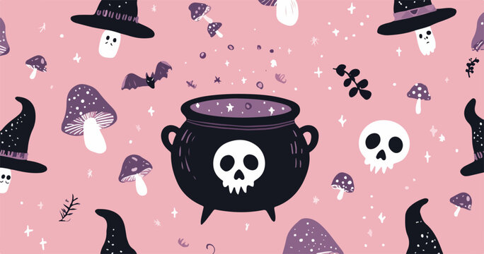 Este padr&atilde;o festivo de Halloween apresenta um caldeir&atilde;o m&aacute;gico, chap&eacute;us de bruxa, cr&acirc;nios e cogumelos, criando uma atmosfera divertida e misteriosa em tons de rosa.