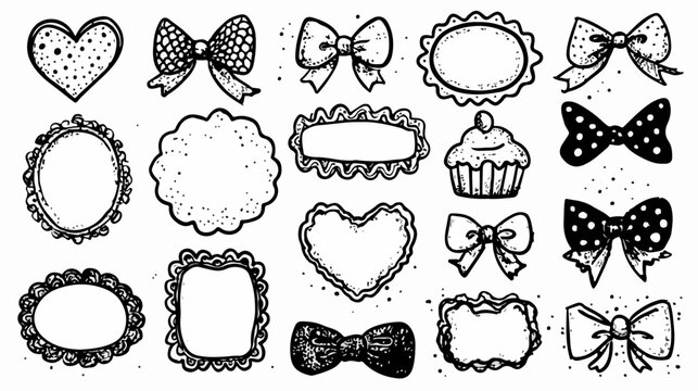 Uma cole&ccedil;&atilde;o encantadora de elementos decorativos desenhados &agrave; m&atilde;o, incluindo la&ccedil;os, cora&ccedil;&otilde;es e molduras vintage, perfeita para projetos criativos.