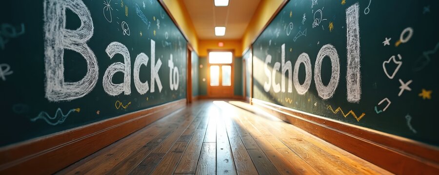 Chalk drawing of phrase Back to School on blackboard. School hallway with wooden floor in sunlight. Education banner, welcoming pupils. Time to study, teaching process, knowledge concept.