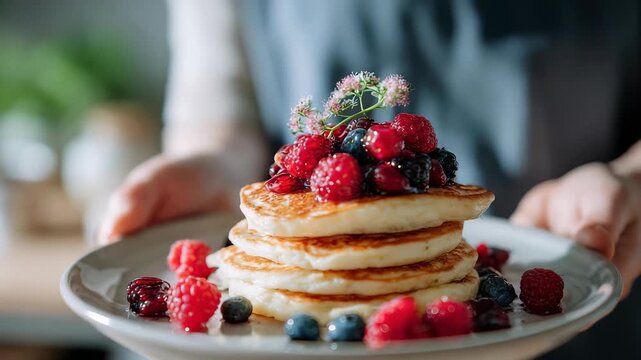 A delicious stack of golden pancakes is beautifully garnished with vibrant berries and a small flower, creating an inviting breakfast scene. The background is softly blurred, emphasizing the food