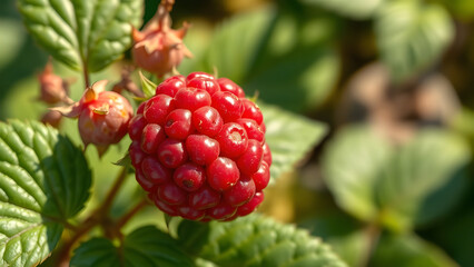 Overhead shot of raspberry in natural outdoor setting