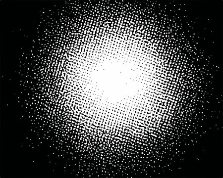 Uma explos&atilde;o abstrata de luz e textura pontilhada em preto e branco, gerando um efeito din&acirc;mico e granulado.