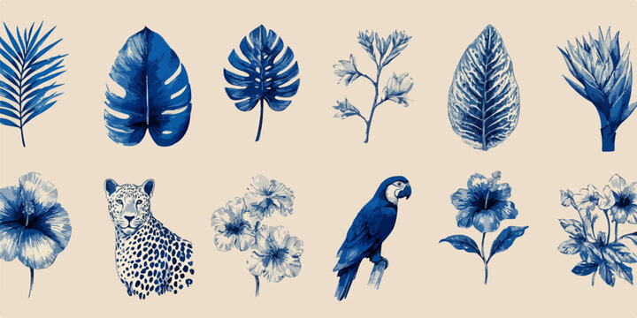 Padr&atilde;o sofisticado com elementos tropicais como folhas ex&oacute;ticas, flores vibrantes, um leopardo e uma arara, ilustrados em um elegante estilo azul.