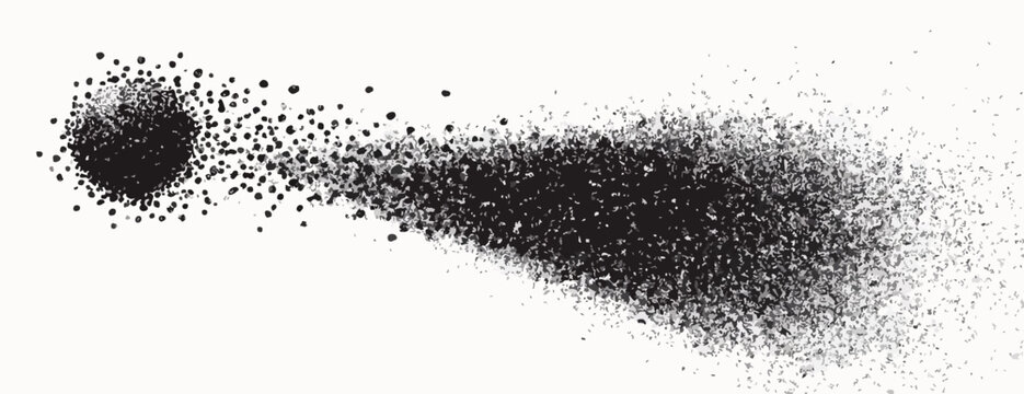 Uma ilustra&ccedil;&atilde;o abstrata em preto e branco de um corpo celeste ou part&iacute;cula se desintegrando, criando uma cauda din&acirc;mica de poeira e energia no espa&ccedil;o.