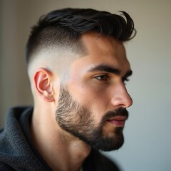 Obraz premium Handsome man with stylish haircut poses indoors. Male model with beard and crew cut shows modern hairstyle. Portrait of attractive person with cool hair and confident look.