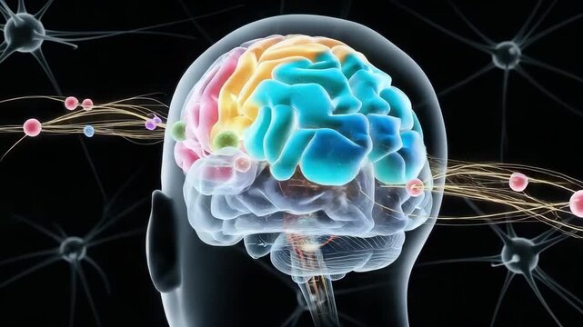 Abstract visualization of the human brain with colorful lobes and neural connections