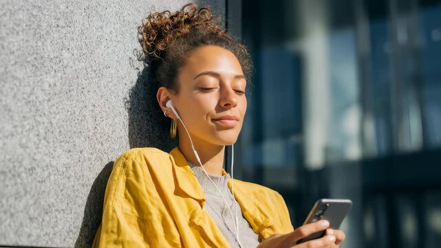 A serene young woman listens to music on her smartphone with white earphones, basking in sunlight against a contemporary stone wall. Her relaxed expression reflects calm and mindfulness