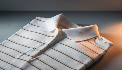 Neatly folded white polo shirt with elegant brown stripes, illuminated by a warm, soft glow that highlights its crisp collar, clean fabric texture, and timeless design for classic apparel