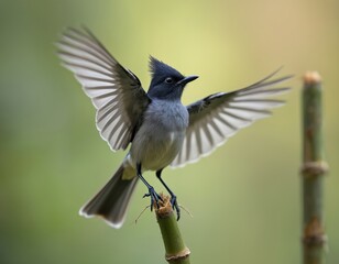 Small black bird spreading wings sitting on bamboo. Bird poses. Bird is black and grey with white stripes. Bird is perching on branch in nature. Cute bird.