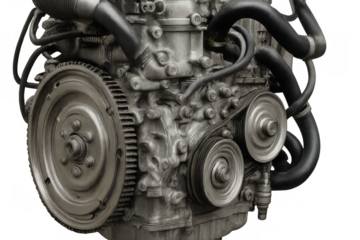 Car engine fragment with belts and gears, mechanical power engineering concept on transparent background