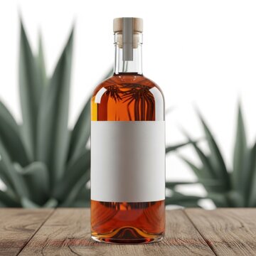 Bottle of amber spirit with blank label sits on rustic wooden surface agave plants background