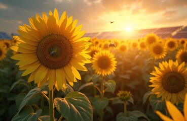 Fototapeta premium Sunflowers grow near solar panels in golden light. Agrivoltaic system combines agriculture with solar tech. Flowers field utilizes land for energy generation, crop growth. Sustainable eco power, food