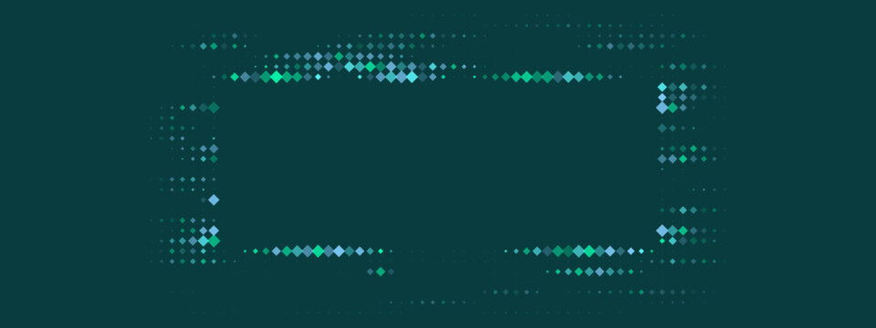 Abstract digital frame with shimmering blue and green diamond pixels on a dark teal background, modern tech border design