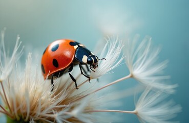 Obraz premium Ladybug sits on dandelion blowball in springtime. A red insect with black spots rests on white flower. Macro photo shows tiny bug detail. Nature beauty.