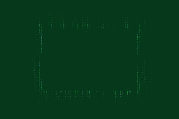 Abstract digital background with glowing green binary code forming a rectangular frame, symbolizing data, technology, and a futuristic cyber environment.