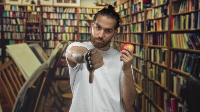 Young man in white t shirt holding red apple and showing thumbs down in a library building aisle; disapproval critique learning.