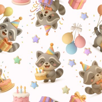 Cute 3D Cartoon Raccoon Birthday Party Pattern