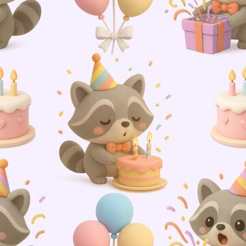 Cute 3D Raccoon Birthday Pattern Illustration