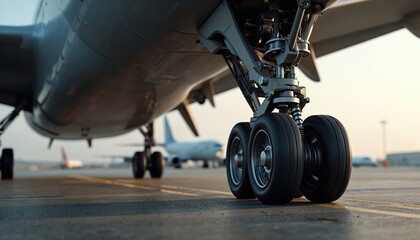 Aircraft landing gear close up at aerodrome. Wheels on tarmac aviation design engineering. Aircraft maintenance, safety checks. Flight transport. Aviation journal illustration. Airplane innovation.