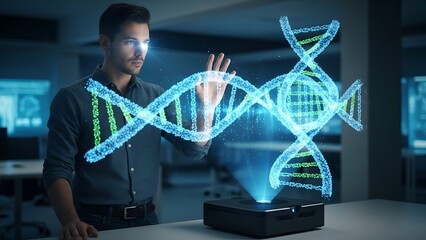 A man interacts with a futuristic digital projection of a DNA helix in a lab setting