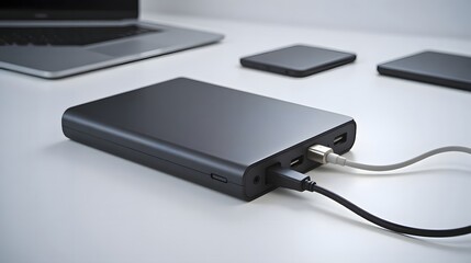 Modern power bank charging laptop and phones on white desk for ultimate productivity and mobile power solutions in stylish workspace setting