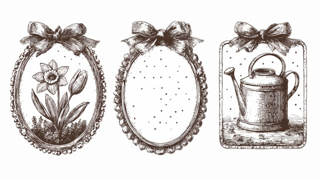 Tr&ecirc;s elegantes molduras vintage desenhadas &agrave; m&atilde;o, adornadas com la&ccedil;os delicados, exibem motivos florais e de jardinagem, ideais para um toque retr&ocirc;.