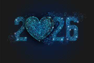 Abstract isolated blue image of new year number 2026. Polygonal low poly wireframe illustration looks like stars in the black night sky in space or flying glass shards. Digital web, internet design.