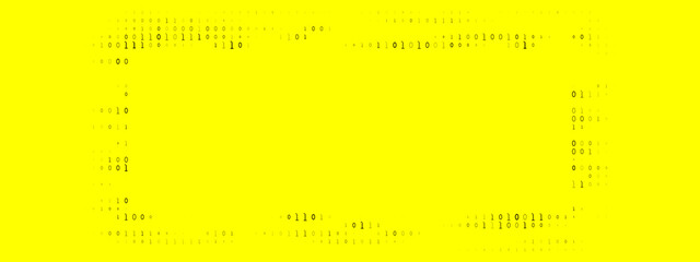 Abstract digital background with binary code forming a rectangular frame on a vibrant yellow backdrop, representing data and technology