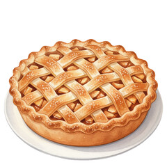 Apple pie vector illustration on white. Appetizing golden-brown dessert with classic lattice crust over sweet, chunky fruit filling