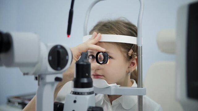 Girl having eye check with slit lamp device