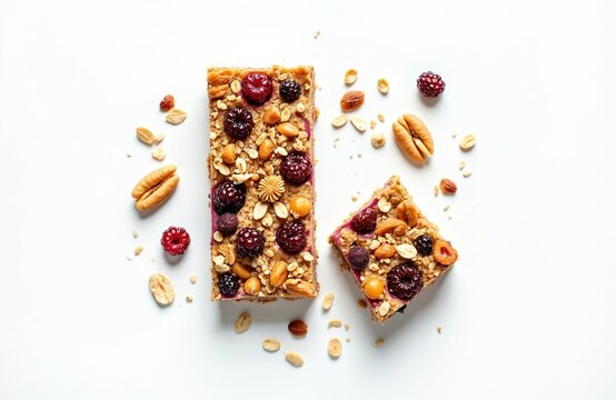 Two muesli bars with berries and nuts on white surface. One bar is whole, the other is broken showing texture. Healthy sweet snack with oats and fruit. - Powered by Adobe