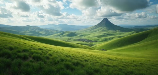 Fototapeta premium Green hills stretch to the horizon under cloudy sky. Valley with a distant mountain provides a picturesque scenic view of nature. A beautiful countryside landscape for travel and vacation.