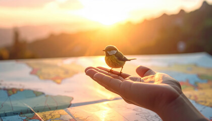 Small bird rests gently on person hand, with map spread out beneath them and warm sunset in background, creating serene and adventurous atmosphere