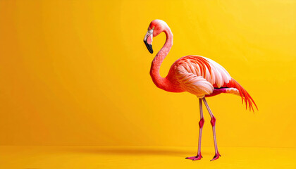 Vibrant flamingo stands gracefully against bright yellow background, showcasing its striking pink and orange feathers. minimalist setting highlights bird elegance and vivid colors