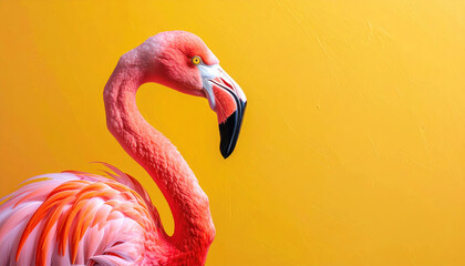 Vibrant flamingo stands against bright yellow background, showcasing its striking pink feathers and elegant pose. contrast between bird and backdrop creates lively and eye catching image