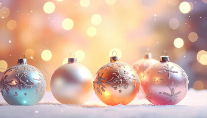 Festive Christmas ornaments with intricate designs rest on snowy surface, illuminated by warm, glowing bokeh lights in background, creating cozy holiday atmosphere