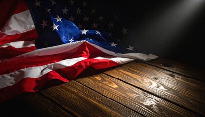 Folded American flag rests on wooden table, illuminated by spotlight, symbolizing patriotism and national pride. stars and stripes are prominently displayed, evoking sense of honor