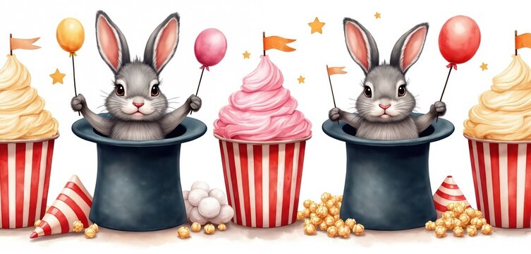 Cute rabbit character pops out of magician top hat holding balloon. Seamless border funny bunnies, cupcakes, popcorn for circus party. Watercolor art for festive kids birthday invitations, holiday