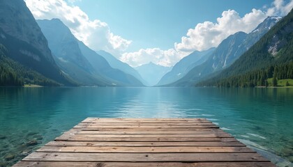 Empty rustic wooden dock reaches into crystal clear turquoise water of tranquil mountain lake. Majestic peaks, green forests surround calm, reflective surface. Sunny blue sky with fluffy white clouds